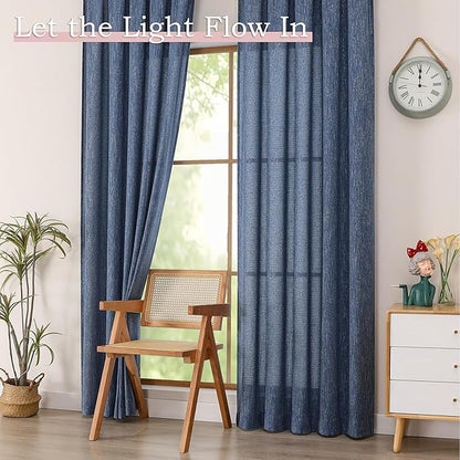 Simplebrand Navy Blue Faux Linen Textured Semi Sheer Curtains 96 Inches Long 2 Panels Set, Light Filtering Soft Thick Farmhouse Curtains Window Treatment for Bedroom/Living Room/Dining, 50 x 96 Inch