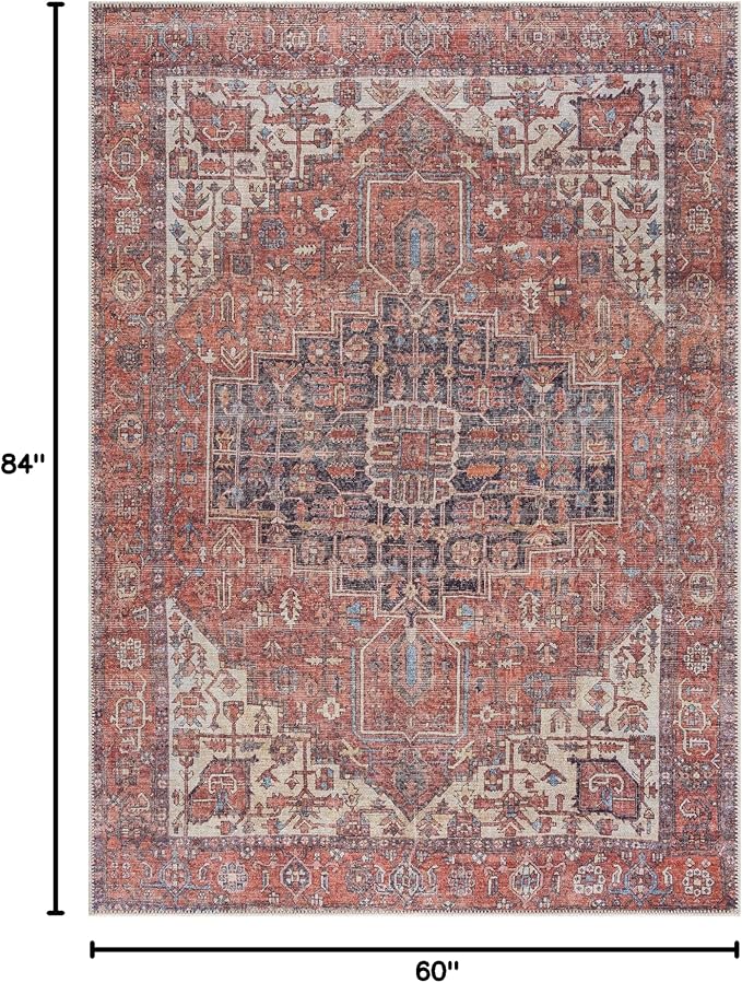 Bloom Rugs Washable 5' x 7' Rug - Red/Orange/Beige Traditional Area Rug for Living Room, Bedroom, Dining Room, and Kitchen - Exact Size: 5' x 7'