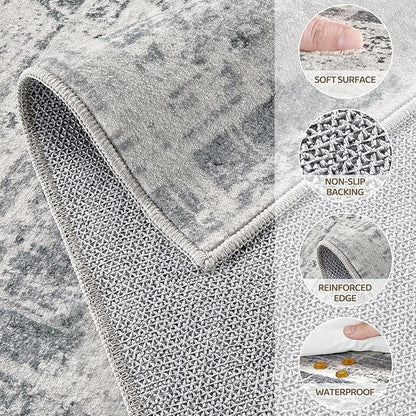 Area Rug for Living Room: 7x9 Washable Neutral Abstract Modern Soft Rugs Non Slip Indoor Floor Stain Resistant Large Carpet for Bedroom Dining Room Office Nursery - Gray