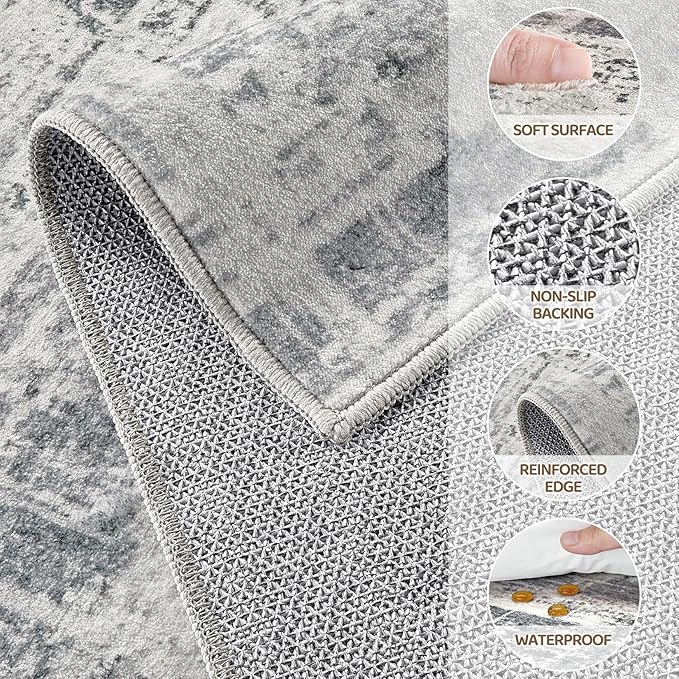 Area Rug for Living Room: 5x7 Washable Neutral Abstract Modern Soft Rugs Non Slip Indoor Floor Stain Resistant Carpet for Bedroom Dining Room Office Nursery - Gray