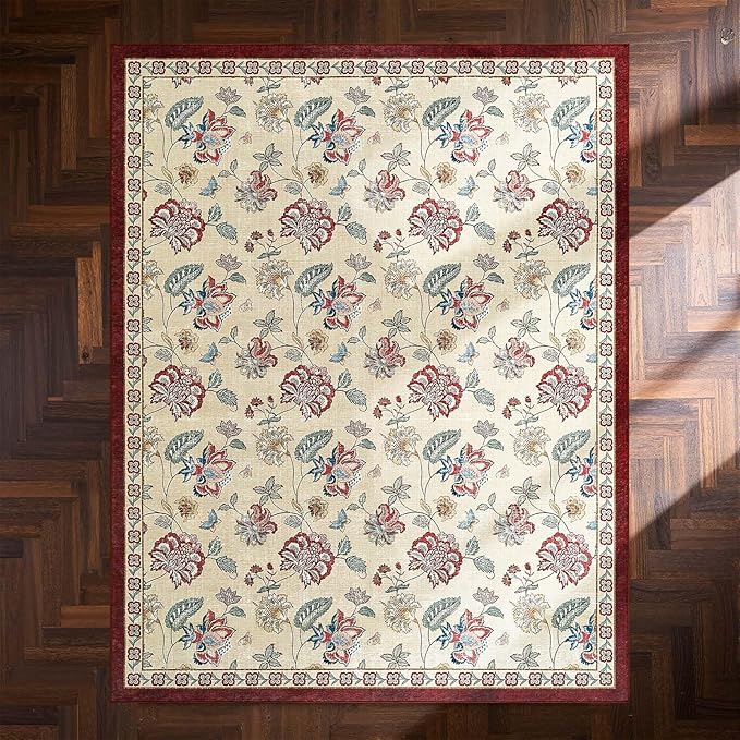 jinchan Elora 8x10 Floral Rug for Living Room Washable Bedroom Rug Vintage Romance Christmas Design Non Slip Thin Indoor Floor Cover Large Low-Profile Throw Carpet for Dining Room Office, Red/Beige