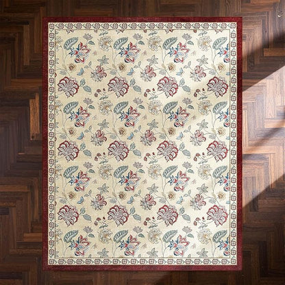 jinchan Elora 8x10 Floral Rug for Living Room Washable Bedroom Rug Vintage Romance Christmas Design Non Slip Thin Indoor Floor Cover Large Low-Profile Throw Carpet for Dining Room Office, Red/Beige
