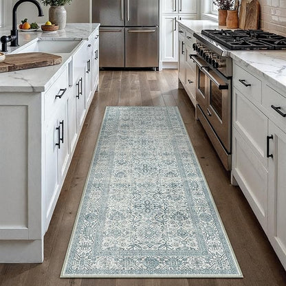 Blue Runner Rug 2x6 Vintage Area Carpet Hallway Long Indoor Kitchen Washable Living Room Low Pile Traditional Distressed Retro Accent Throw Rug Non Slip Laundry Bathroom Office Dining Room