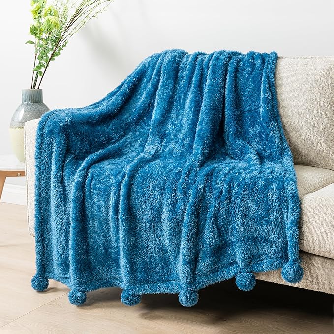 Pavilia Teal Sherpa Throw Blanket for Couch, Warm Plush Pom Blanket Throw, Blue Fuzzy Sofa Throw, Lightweight Soft Cozy Fluffy Blanket with Poms, Turquoise, 50x60