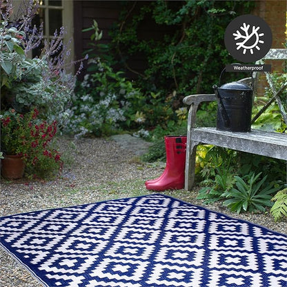 FH Home Outdoor Rug - Waterproof, Fade Resistant, Reversible - Premium Recycled Plastic - Geometric - Patio, Porch, Deck, Balcony - Aztec - Blue & White Crease Free - 5 x 8 ft