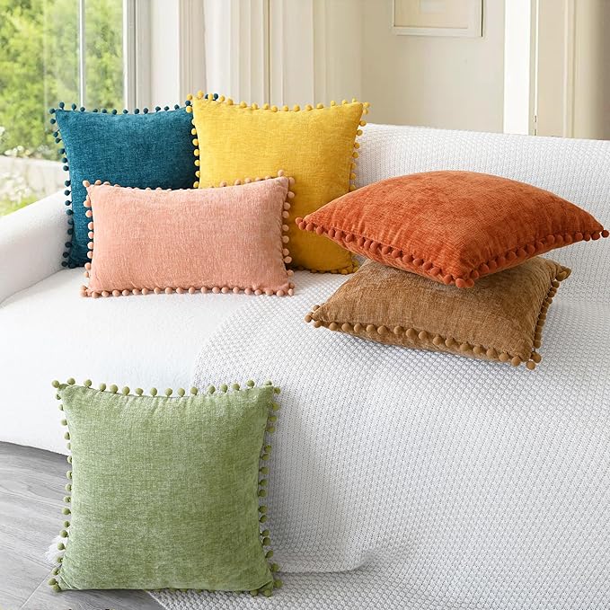 CaliTime Throw Pillow Covers Decorative 12 X 12 Inches Pack of 2 Cozy Solid Dyed Soft Chenille Cushion Cases with Pom Poms for Couch Sofa Bed Living Room Home Burnt Orange