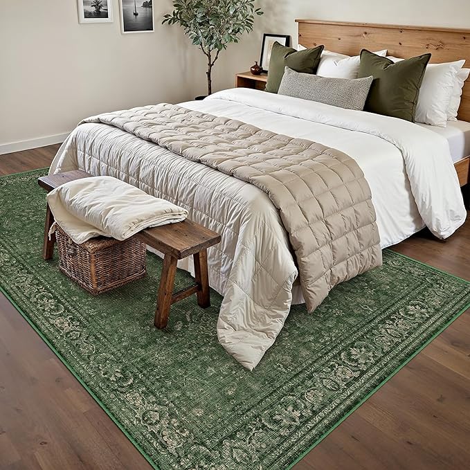 Vintage Area Rug 8x10 Washable Green Living Room Carpet Large Indoor Non Slip Bedroom Low Pile Kitchen Distressed Retro Accent Throw Rug for Dining Room