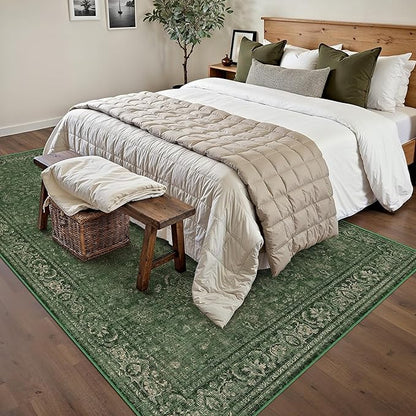 Vintage Area Rug 6x9 Washable Green Living Room Carpet Large Indoor Non Slip Bedroom Low Pile Kitchen Distressed Retro Accent Throw Rug for Dining Room