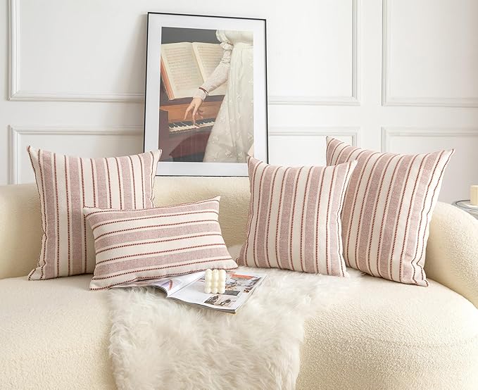 Decorative Boho Throw Pillow Covers, Farmhouse Textured Pillow Case, 18 x 18 Inch Set of 2, Chair Sofa Bedroom Living Room Home Decor Couch Cushion Case, Rust and Beige Striped
