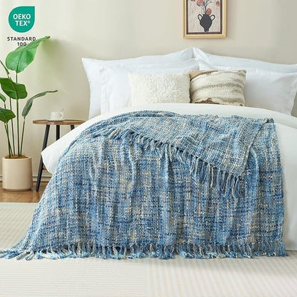 Multi-Color Light Blue Cable Knitted Throw Blanket for Couch,50"X60" Boho Style Textured Blankets for Home Decor,Super Soft Warm Cozy Chunky Knit Blanket with Decorative Tassels for Bed