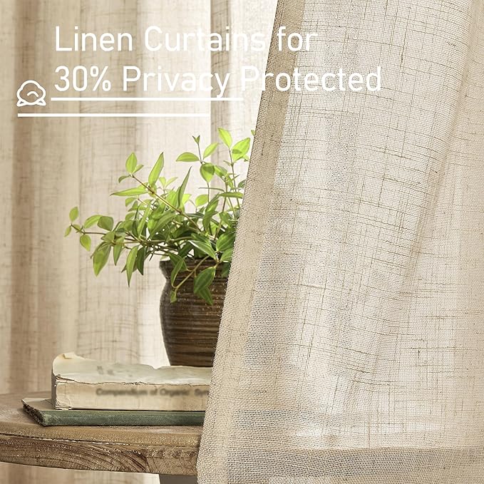 LAMIT 84 Inch Long Linen Curtains for Living Room 2 Panels Set, Light Filtering Semi Sheer Curtains Back Tab and Rod Pocket Neutral Panels for Bedroom, Brown, 60 x 84 Inch