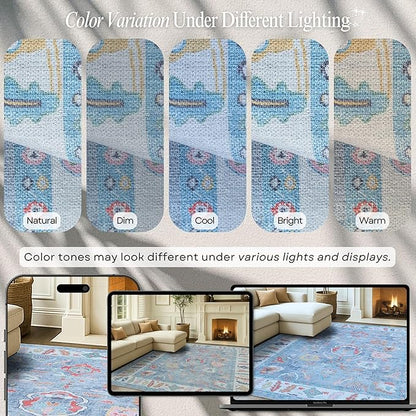 Fame Rugs Blue Modern Oushak Rug 6x9, Vintage Turkish Colorful Oriental Antique Inspired Washable Large Area Rugs, Luxury Living Room Bedroom (381LB, 6' x 9')