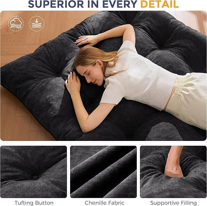 MAXYOYO Japanese Floor Mattress Full Size, 6" Foldable Futon Mattress Tufted Roll Up Floor Bed, Thick Chenille Tatami Mat Sleeping Pad for Camping Guest Room Dormitory Bedroom RV, Black