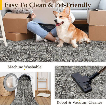 Black Runner Rug 2x12 Vintage Area Carpet Hallway Long Indoor Kitchen Washable Living Room Low Pile Traditional Distressed Retro Accent Throw Rug Non Slip Laundry Bathroom Office Dining Room