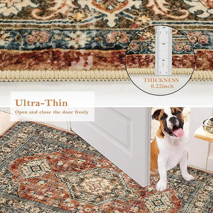 Lahome Oriental Area Rug, 3x5 Washable Rugs for Living Room Non Slip Entry Mat, Vintage Soft Pet Friendly Throw Carpet for Entryway Bedroom Dinning Room, Brick Red