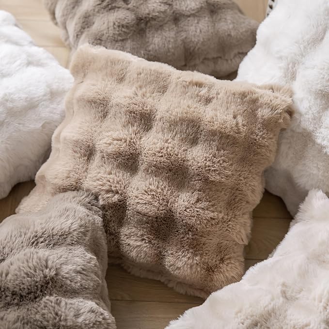 Pack of 2 Thick Plush Throw Pillow Covers Fluffy Wave Faux Fur Decorative Cushion Covers Soft Wool Pillowcase for Sofa Couch Livingroom 26x26 Inch Camel