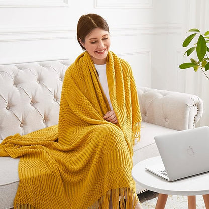 Mustard Yellow Knitted Throw Blankets for Couch, Bedroom and Officeroom,Textured Fade Resistant Soft and Warm Decorative Knitted Blankets with Tassel,50"x60"