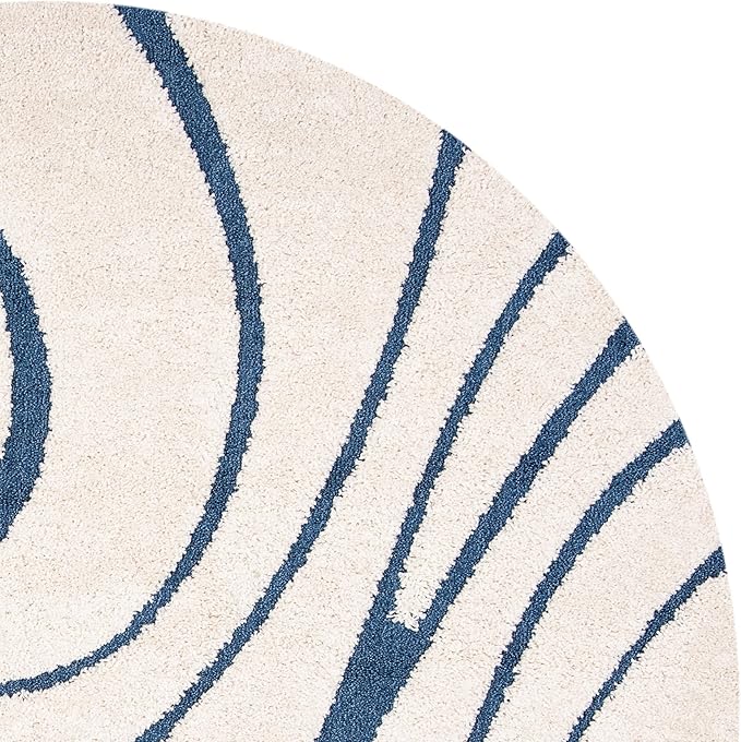 SAFAVIEH Florida Shag Collection 6'7" Round Cream/Blue SG471 Abstract Wave Non-Shedding Living Room Bedroom Dining Room Entryway Plush 1.2-inch Thick Area Rug