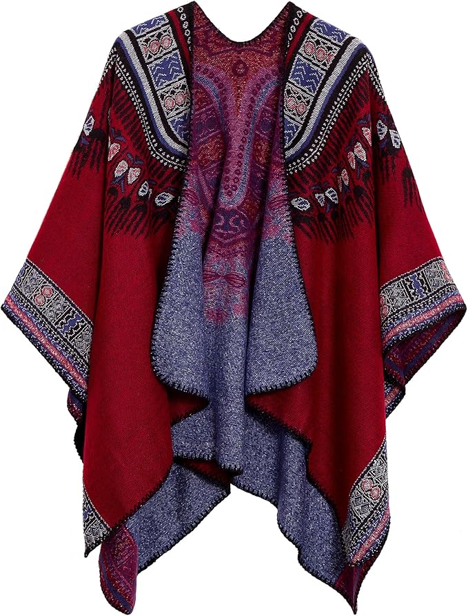 Women's Vintage Pattern Open Front Poncho Cape Shawl Winter Shawl Wraps