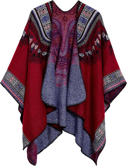Women's Vintage Pattern Open Front Poncho Cape Shawl Winter Shawl Wraps