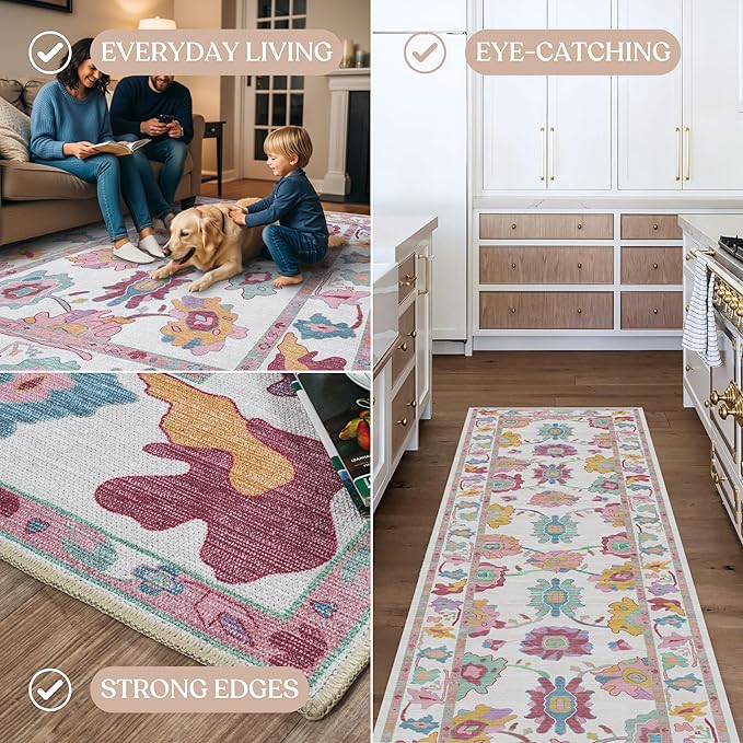 Fame Living Pink Oushak Rug, Modern, Vintage, Turkish, Eclectic, Floral, Pastel, Washable, Oversized, Extra Large Area Rugs for Living Room, Dining, Bedroom, Lounge 9'5"x14'