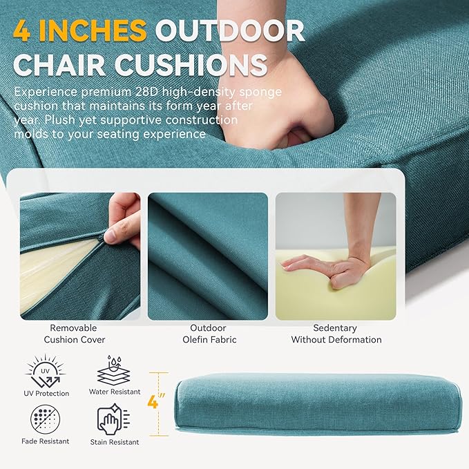 Patio Cushions for Outdoor Furniture - 22" x 25" x 4" UV Resistant Thick Foam Cushions Water Resistant Replacement Cushion for Outdoor Patio Furniture Chair/Sofa/Couch | Peacock Green | 4-Pack |