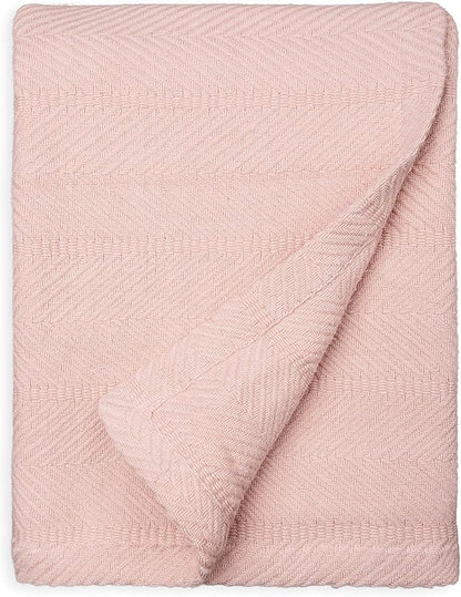 Sticky Toffee Cotton Throw Blanket 60x50 in – Woven Lightweight Blush Pink Blanket for Couch or Bed, Soft Herringbone Weave, Boho Farmhouse Style