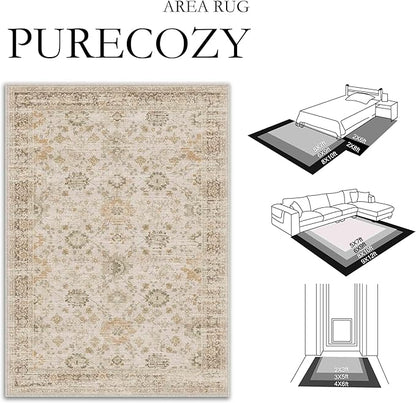 Beige 8x10 Area Rug Non Slip Large Vintage Living Room Distressed Machine Washable Retro Carpet Indoor Bedroom Traditional Floral Accent Throw Rug for Office Kitchen Dorm Dining Room