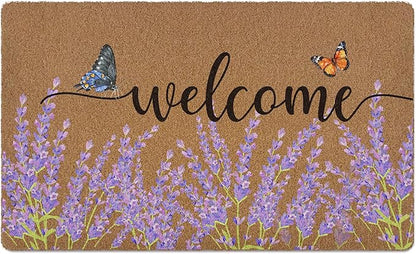 Lavender Floral Welcome Door Mat, Rustic Floral Butterfly Welcome Front Door Mat Indoor Outdoor Entrance, Purple Flower Artificial Coir Doormats Rugs for Porch Entryway Decor 30x17in