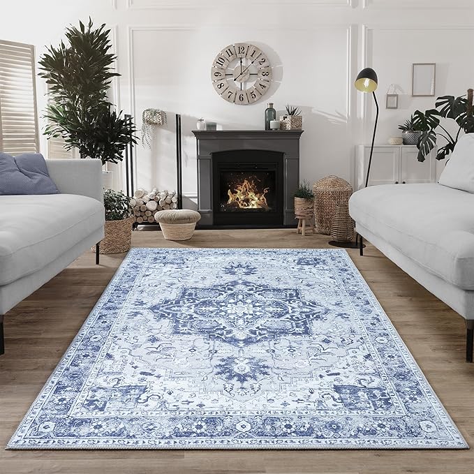Bloom Rugs Washable Non-Slip 3' x 5' Rug - Gray/Blue Traditional Medallion Area Rug for Living Room, Bedroom, Dining Room, and Kitchen - Exact Size: 3' x 5'