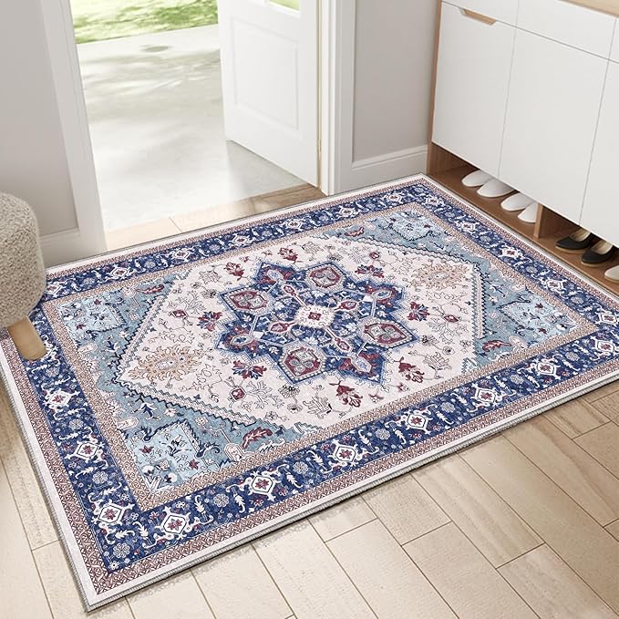 OPPODREAM Thin Throw Rugs 2x3, Small Washable Entryway Rugs 2 x 3 with Non Slip Backing, Low-Pile Faux Cashmere 2 x 3 Carpet, Navy Blue & Red & Cream
