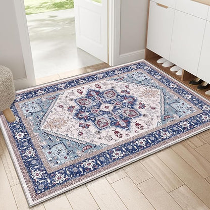 OPPODREAM Thin Throw Rugs 2x3, Small Washable Entryway Rugs 2 x 3 with Non Slip Backing, Low-Pile Faux Cashmere 2 x 3 Carpet, Navy Blue & Red & Cream