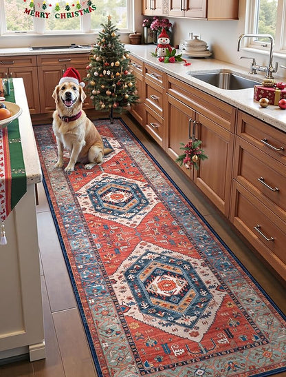 SERISSA Runner Rug for Hallways, 3x8 Washable Non Slip Kitchen Runner Rug, Long Boho Rug Vintage Rust Hallway Stair Ultra Soft Print Floor Carpet for Bedroom Bathroom Laundry Room