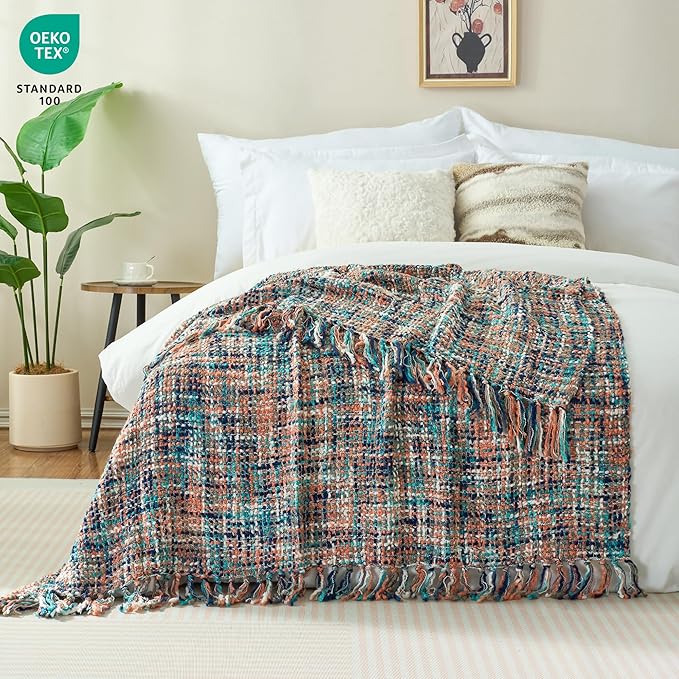 Multi-Color Pink Cable Knitted Throw Blanket for Couch,50"X60" Boho Style Textured Blankets for Home Decor,Super Soft Warm Cozy Chunky Knit Blanket with Decorative Tassels for Bed and Sofa