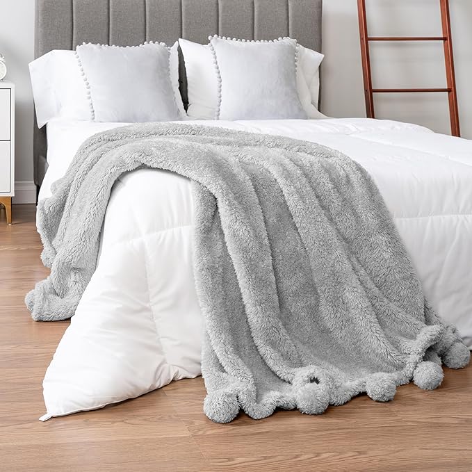 Pavilia Light Grey Sherpa Throw - Twin, Fuzzy Couch Throw with Pom Poms, Soft Fluffy Cozy Blanket - Lightweight, 60x80