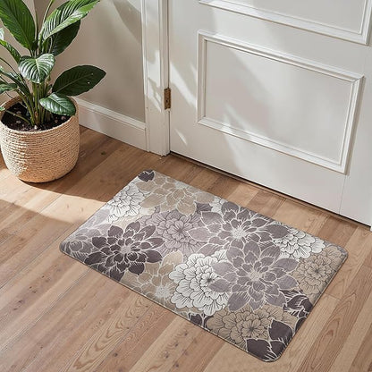 GENIMO Kitchen Mats for Floor, Kitchen Rugs Non Slip Washable Sets of 2, Waterproof Cushioned Anti Fatigue Mat, Floral Runner Rug for Laundry, Sink, Office, Home, 17.3"x59"+17.3"x30", Coffee Brown