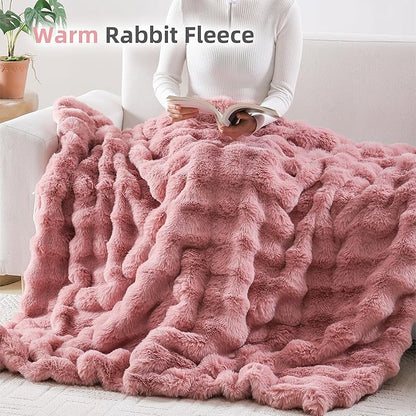 Smoofy Faux Fur Throw Blanket for Couch – Old Pink Fluffy Cozy Rabbit Fleece, Plush Soft Bubble Blanket for Sofa & Bed, for Mom, Warm Fuzzy Home Room Decor Throw 60" x 80"