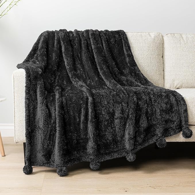 PAVILIA Black Sherpa Throw Blanket for Couch, Warm Plush Pom Pom Throw, Fuzzy Sofa Blanket, Lightweight Soft Cozy Fluffy With Pom Poms, 50x60