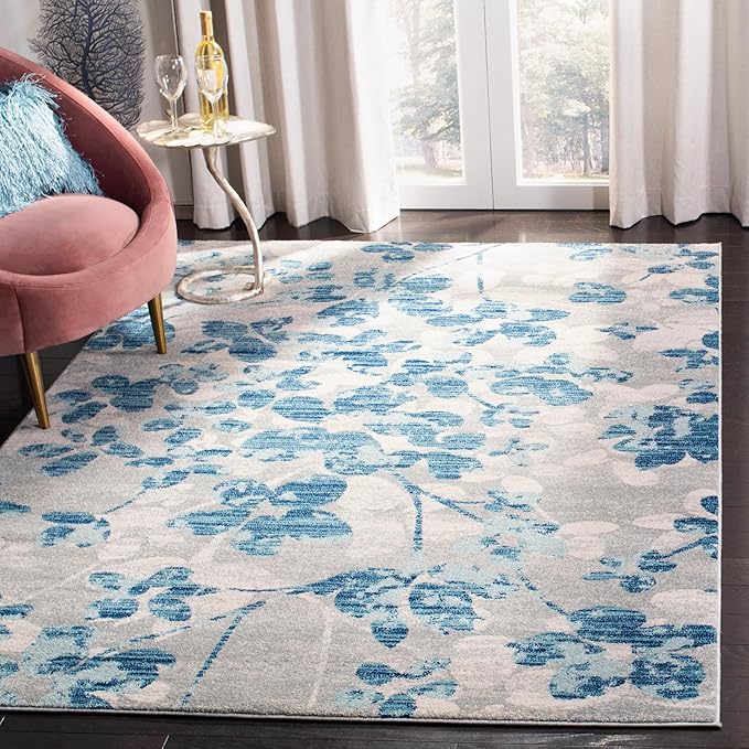 SAFAVIEH Evoke Collection 5'1" x 7'6" Grey/Light Blue EVK236J Floral Non-Shedding Living Room Bedroom Area Rug