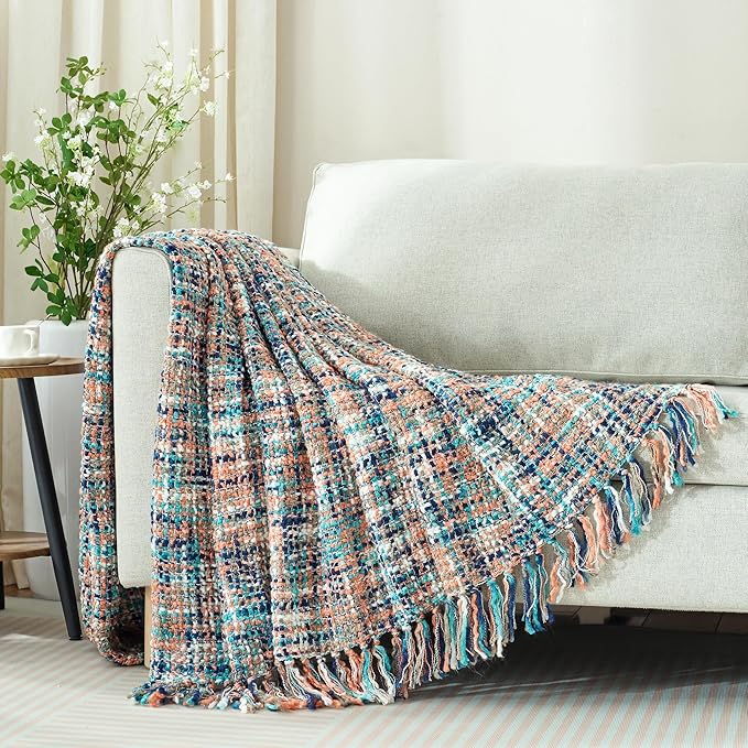 Multi-Color Pink Cable Knitted Throw Blanket for Couch,60"X80" Boho Style Textured Blankets for Home Decor,Super Soft Warm Cozy Chunky Knit Blanket with Decorative Tassels for Bed and Sofa