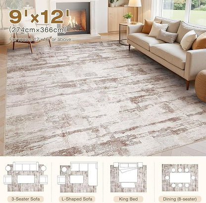 Abstract Living Room Rug 9x12 - Modern Washable Soft Thin Area Rug for Living Room Bedroom Under Dining Table - Neutral Indoor Floor Rug Carpets for Home Office Playroom Nursery - Light Brown