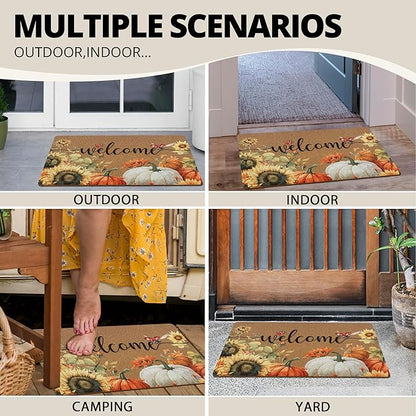 Fall Pumpkin Welcome Door Mat, Autumn Thanksgiving Welcome Front Door Mat Indoor Outdoor Entrance, Fall Pumpkin Sunflower Artificial Coir Doormats Rugs for Porch Entryway Decor 30x17in