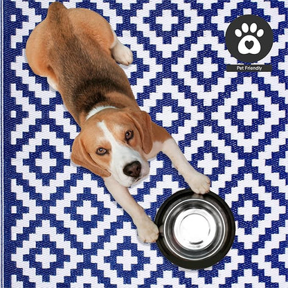 FH Home Outdoor Rug - Waterproof, Fade Resistant, Reversible - Premium Recycled Plastic - Geometric - Large Patio, Deck, Sunroom, Camping, RV - Aztec - Blue & White Crease Free - 6 x 9 ft