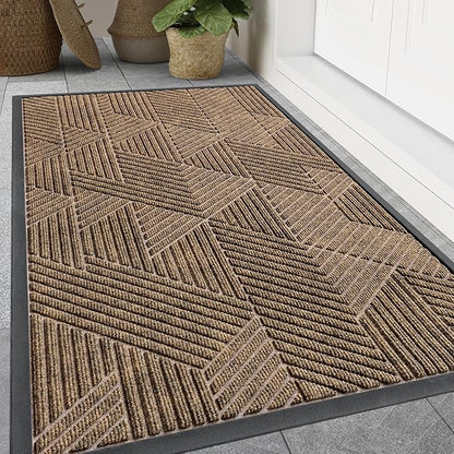 Smiry Front Door Mat Outside Entrance, Heavy Duty Sturdy Natural Rubber Doormat, Trap Dirt and Moisture, Easy Clean Low Profile Mats for Indoor Outdoor Entry, Irregular Triangle (59x24, Brown)