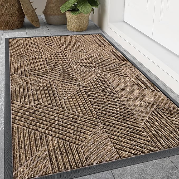 Smiry Front Door Mat Outside Entrance, Heavy Duty Sturdy Natural Rubber Doormat, Trap Dirt and Moisture, Easy Clean Low Profile Mats for Indoor Outdoor Entry, Irregular Triangle (71x24, Brown)