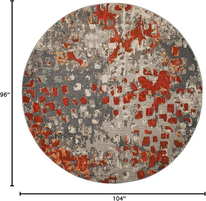 SAFAVIEH Monaco Collection Area Rug - 8'8" Round, Grey & Orange, Boho Chic Abstract Watercolor Design, Non-Shedding & Easy Care, Ideal for High Traffic Areas in Living Room, Bedroom (MNC225H)