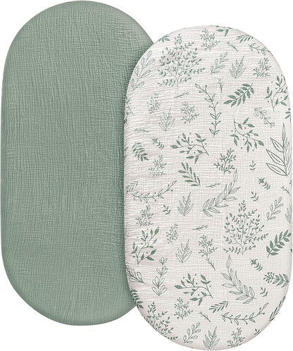 Muslin Bassinet Fitted Sheets, 2 Pack for Baby Boy and Girl, Soft Breathable Stretchy Baby Pad/Mattress Sheet Set, Universal Fit for Hourglass Oval and Rectangle Bassinet Mattress (Bright Leaves)