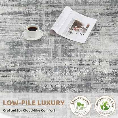 6ft Round Area Rug for Living Room: 6x6 Washable Neutral Abstract Modern Soft Rugs Non Slip Indoor Floor Stain Resistant Carpet for Bedroom Dining Room Office Nursery - Gray