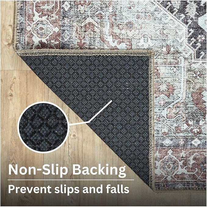 Bloom Rugs Washable Non-Slip 8' x 10' Rug - Charcoal/Brown Traditional Medallion Area Rug for Living Room, Bedroom, Dining Room, and Kitchen - Exact Size: 8' x 10'
