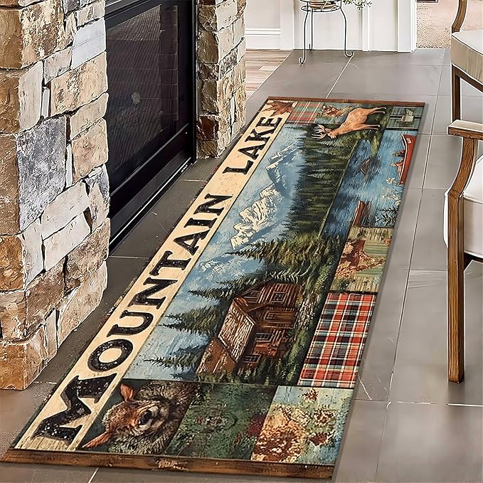 Multi-Color Elk Runner Rug 2x6ft with Floral Mountain Scene - Vintage Washable Floor Mat, Bohemian Rug for Kitchen Corridor, Canvas Art Style Decor